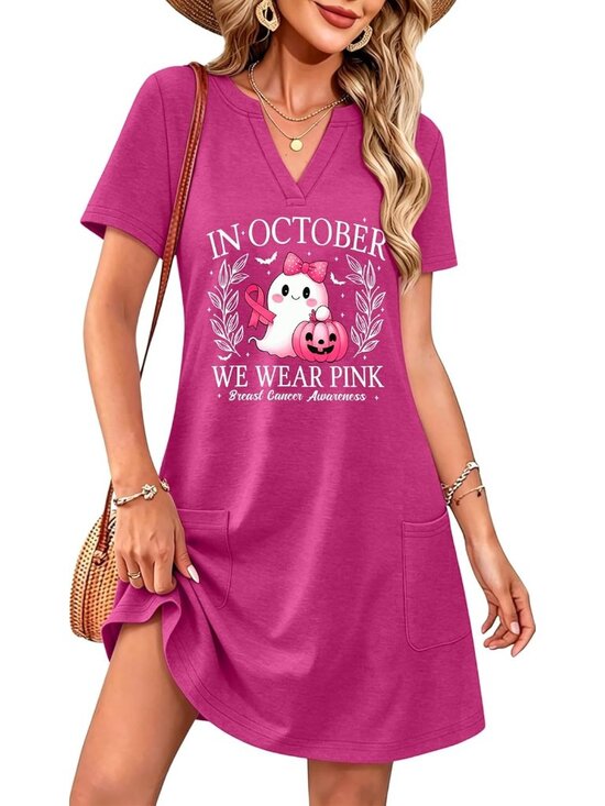 Dresses & Skirts - 🎃Women's Pink Halloween Sundress A-Line V Neck Party Wear Pockets Casual Dress